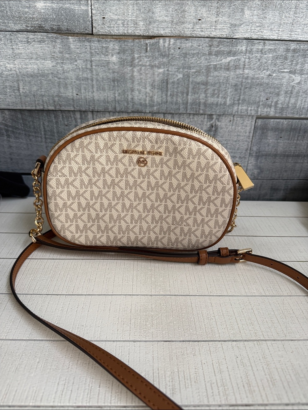 Michael Kors Beige Signature Logo Crossbody with Brown Trim